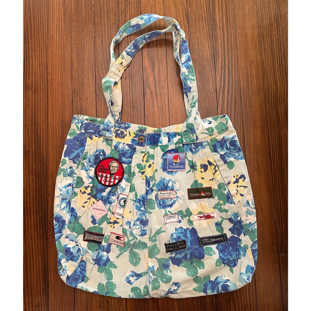 SOLD! Vintage Handmade Floral Denim / Jeans Tag Patchwork Bag Tote